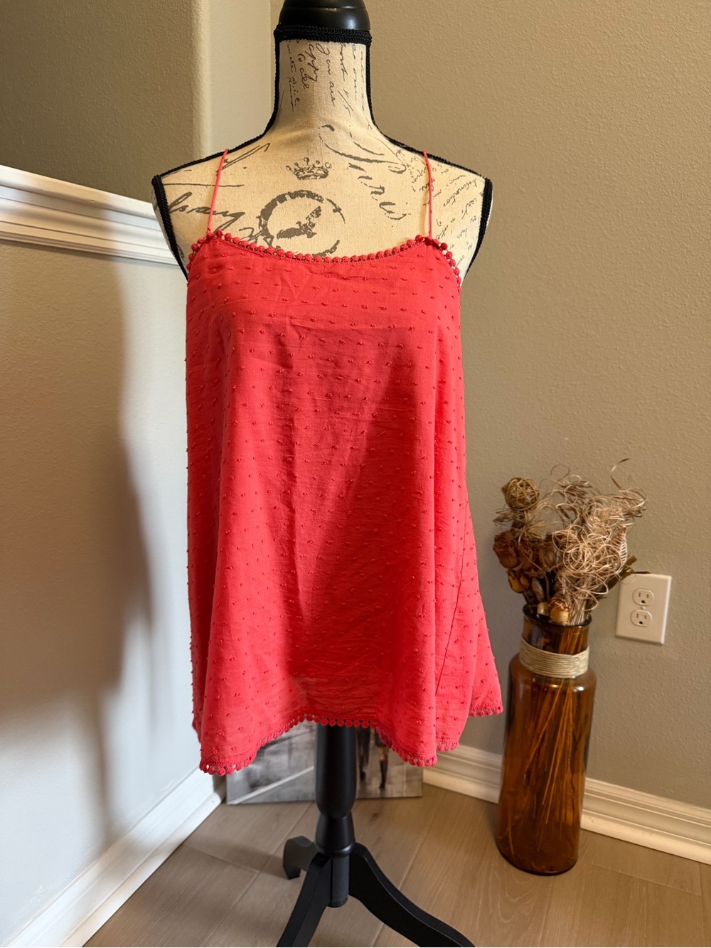 Mazik Coral Red Swiss Dot Spaghetti Strap Tank